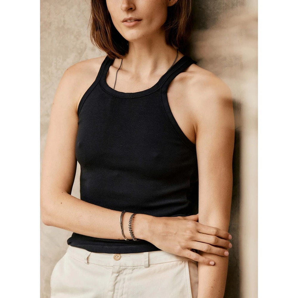 360 Sweater Womens Black Ribbed Knit Tank Top High Neck Racerback XS Cotton‎